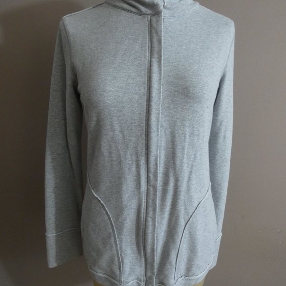 Alo Women's L Grey Knit Jacket Full Zip Cotton Blend Snap Funnel Neck Pockets - Picture 4 of 9
